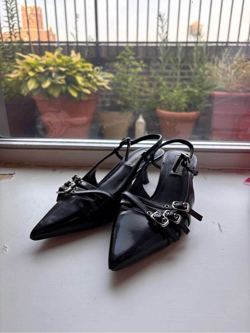 Steve Madden Black Pointed Slingback Heels with Buckle Straps